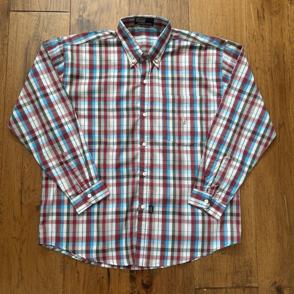 POLO RALPH LAUREN Men's L Plaid Button Down Shirt 100% Cotton Long Sleeve EUC